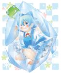  &gt;_&lt; barefoot berry_jou bloomers blue_dress blue_eyes blue_hair checkered checkered_background cirno dress failure frills frog grin ice open_hand petticoat ribbon role_reversal short_hair short_sleeves smile solo tears touhou wings 