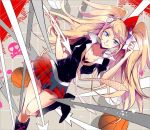  basketball blonde_hair blue_eyes blush boots bow bunny_hair_ornament dangan_ronpa directional_arrow enoshima_junko fingernails freckles futaba_hazuki hair_bow hair_ornament heart knee_boots long_fingernails long_hair nail_polish necktie plaid plaid_skirt pleated_skirt school_uniform skirt skull_and_crossbones sleeves_rolled_up smile solo twintails very_long_hair volleyball 