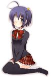  black_hair chuunibyou_demo_koi_ga_shitai! eyepatch green_eyes otoneha plaid plaid_skirt school_uniform short_hair side_ponytail sitting skirt solo takanashi_rikka thigh-highs thighhighs wariza zettai_ryouiki 