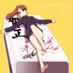  barefoot blush bottomless brown_hair dakian feet lying mahjong mahjong_tile naked_track_jacket no_panties ponytail saki saki_achiga-hen solo takakamo_shizuno toes track_jacket 