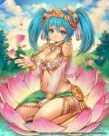  anklet aqua_eyes aqua_hair armlet bare_shoulders barefoot between_legs breasts bridal_gauntlets character_request choker cleavage cloud clouds crown earrings hand_between_legs jewelry kneeling looking_at_viewer midriff nature navel necklace petals seikon_no_arcana seiza shigatake short_hair sitting sky smile solo twintails 