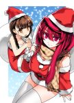  big_sister_maid_(maoyuu) braid breasts brown_eyes brown_hair christmas cleavage detached_sleeves dress fur_trim hat huge_breasts ishida_akira long_hair maou_(maoyuu) maoyuu_maou_yuusha multiple_girls red_dress red_eyes red_hair redhead sack santa_costume santa_hat scarf smile snow strapless_dress thigh-highs thighhighs twin_braids white_legwear 