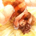  animal_ears brown_eyes brown_hair futatsuiwa_mamizou glasses mak_(kainemaru) on_back pince-nez raccoon_ears raccoon_tail short_hair smile solo spread_legs tail tail_hug touhou 