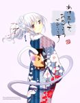  blush flower hair_flower hair_ornament japanese_clothes kimono looking_at_viewer looking_back new_year obi original red_eyes short_hair silver_hair smile snake solo ume_(plumblossom) 