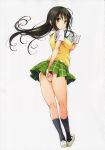  absurdres ass black_hair blush book brown_eyes covering from_behind highres kneehighs kotegawa_yui long_hair looking_at_viewer looking_back scan school_uniform skirt solo standing sweater_vest to_love-ru yabuki_kentarou 