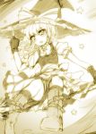  apron blush boots bow braid broom fingerless_gloves gloves hair_bow hat kazetto kirisame_marisa long_hair monochrome open_mouth puffy_sleeves rough short_sleeves side_braid solo star touhou waist_apron witch_hat 