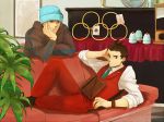  beanie book brown_eyes brown_hair card couch grbrt gyakuten_saiban hat multiple_boys naruhodou_ryuuichi necktie odoroki_housuke playing_card vest waistcoat 