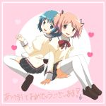  2girls back-to-back blue_eyes blue_hair bow heart highres juliet_sleeves kaname_madoka loafers long_sleeves looking_at_viewer mahou_shoujo_madoka_magica miki_sayaka multiple_girls open_mouth pink_background pink_eyes pink_hair pleated_skirt puffy_sleeves ribbon school_uniform shoes short_hair short_twintails sitting skirt smile thigh-highs thighhighs twintails zettai_ryouiki 