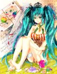  aqua_hair bad_feet barefoot breasts cleavage crown feathers feet food fork garters hatsune_miku highres isagot knife letter long_hair nail_polish pen plate solo tears toenail_polish vocaloid 