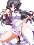  bare_shoulders black_hair blush braid breasts china_dress chinese_clothes highres long_hair looking_at_viewer moneti_(daifuku) nunchaku original pointing pointing_at_viewer purple_eyes simple_background single_thighhigh solo thigh-highs thighhighs twin_braids violet_eyes weapon white_background white_legwear 
