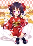  :d black_hair bow clog_sandals copyright_request fang floral_print hair_bow kanzashi meito_(maze) new_year open_mouth purple_eyes short_hair side_ponytail smile snake solo thigh-highs thighhighs violet_eyes 