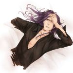  asagi-2580 berserker_(fate/zero) fate/zero fate_(series) hand_on_own_face long_hair lying purple_eyes purple_hair solo violet_eyes wince 