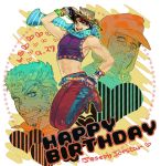  abs beard birthday blue_eyes bomber_hat bracelet brown_hair facial_hair fingerless_gloves glasses gloves hat heart icym jewelry jojo_no_kimyou_na_bouken joseph_joestar_(young) jumping midriff multiple_boys multiple_persona old_man scarf tuque watch wristwatch young 