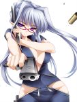 blush breasts cleavage dual_wielding glasses highres large_breasts long_hair looking_at_viewer moneti_(daifuku) mound_of_venus original pointing pointing_at_viewer purple_eyes red-framed_glasses shell_casing silver_hair smile solo unzipped violet_eyes 