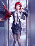  eyeshadow lipstick makeup necktie office_lady pantyhose red_hair redhead rita_(mark) s_zenith_lee skirt umbrella wet 