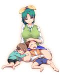  2boys barefoot blush bon_(moegomi) breasts brother_and_sister brothers brown_hair closed_eyes eyes_closed family green_eyes green_hair hand_on_head large_breasts long_hair midorikawa_kouta midorikawa_nao midorikawa_yuuta multiple_boys no_shoes open_mouth ponytail precure school_uniform shorts siblings skirt sleeping sleeves_rolled_up smile smile_precure! socks sweater_vest 