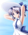  1girl armpits canvas dress hat necktie purple_hair saginomiya_ai short_hair sleeveless smile solo su... sun_hat violet_eyes watermark web_address 