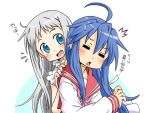  ano_hi_mita_hana_no_namae_wo_bokutachi_wa_mada_shiranai blue_eyes blue_hair closed_eyes crossover dress eyes_closed honma_meiko izumi_konata long_hair lucky_star multiple_girls punto school_uniform serafuku silver_hair sleeveless sleeveless_dress translated translation_request 