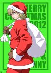  2012 absurdres barnaby_brooks_jr blonde_hair christmas gloves green_eyes hand_on_hip hat highres male merry_christmas sack santa_costume santa_hat signature solo tiger_&amp;_bunny wink yama-michi 