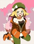  1girl bel_(pokemon) blonde_hair boots bow breasts cleavage glasses green_eyes hat hat_bow looking_at_viewer munna musharna open_clothes open_jacket open_mouth pokemon pokemon_(creature) pokemon_(game) pokemon_bw2 red_glasses shigetake_(buroira) short_hair sitting wariza 