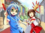  2girls =_= blue_hair braid brown_hair chinese chinese_clothes dango feng_youzi food glasses hair_ornament hair_rings holding_hands long_hair luo_tianyi multiple_girls no_nose open_mouth qiannian_shipu_song_(vocaloid) smile street sunglasses tears teeth vocaloid vocaloid_china wagashi yuezheng_ling 