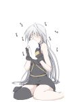  blush closed_eyes eyes_closed fingerless_gloves gloves hat highres hmx99_elf holding holding_hat long_hair lyrical_nanoha mahou_shoujo_lyrical_nanoha mahou_shoujo_lyrical_nanoha_a&#039;s mahou_shoujo_lyrical_nanoha_a's reinforce short_dress silver_hair single_thighhigh sitting solo thigh-highs thighhighs translated translation_request wariza 