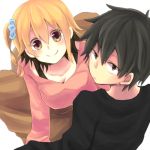  1girl black_hair blonde_hair kagerou_project kisaragi_attention_(vocaloid) kisaragi_momo kisaragi_shintarou long_hair mochi_14 ribbon short_hair siblings side_ponytail smile yellow_eyes 