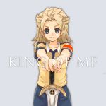  armband blonde_hair blue_eyes english fusion inazuma_eleven_(series) inazuma_eleven_go inazuma_eleven_go_chrono_stone king_arthur_(inazuma_eleven) kojou_shion long_hair male matsukaze_tenma raimon simple_background soccer_uniform solo sword weapon 