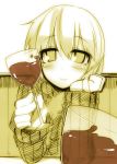  arm_support blush cup kazetto looking_at_viewer lunasa_prismriver monochrome pov sitting smile solo sweater touhou wine wine_glass 