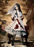  alice:_madness_returns alice_(wonderland) american_mcgee&#039;s_alice american_mcgee's_alice apron black_hair blood boots cheshire_cat dress green_eyes jewelry knife long_hair necklace pantyhose striped striped_legwear thigh-highs weapon wyvern_msk 