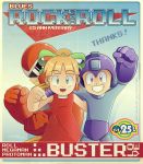  2boys arm_around_shoulder arm_around_waist blonde_hair blopa1987 blue_eyes blues_(rockman) clenched_hands dress green_eyes grin hair_ribbon helmet highres multiple_boys red_dress ribbon robot rockman rockman_(character) rockman_(classic) roll scarf smile sunglasses 