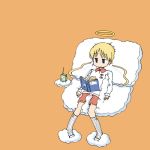  arawi_keiichi book carton character_request cloud clouds copyright_request couch drink halo orange_background reading simple_background sitting socks solo straw 