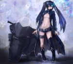  1girl black_hair black_rock_shooter black_rock_shooter_(character) blue_eyes boots breasts garter_straps glowing glowing_eye knee_boots long_coat long_hair motor_vehicle motorcycle navel open_clothes open_coat pale_skin riftgarret shorts single_thighhigh solo thigh_strap thighhighs twintails vehicle 
