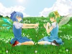  ankle_socks blue_dress blue_hair blue_sky bow cirno closed_eyes cloud clouds clover daiyousei dress fairy_wings flower grass hair_bow hair_flower hair_ornament mary_janes meadow multiple_girls offering parted_lips puffy_sleeves rinriki shoes short_hair short_sleeves side_ponytail sitting sky smile thigh-highs thighhighs touhou wariza wings wreath 