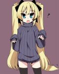  ? aqua_eyes blonde_hair bow fang hair_bow hoppege long_hair open_mouth original ribbed_sweater sleeves_past_wrists sweater tail thigh-highs thighhighs twintails very_long_hair zettai_ryouiki 