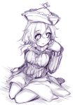  blush breasts hat kazetto merlin_prismriver monochrome ribbed_sweater sitting sketch skirt smile solo sweater touhou 