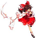  ascot bow brown_eyes brown_hair detached_sleeves full_body game_cg gohei hair_bow hair_ornament hair_tubes hakurei_reimu holding hopeless_masquerade long_hair mary_janes official_art ofuda open_mouth shirt shoes skirt skirt_set socks solo touhou transparent_background wide_sleeves 