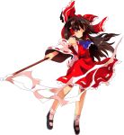  armpits ascot bow brown_eyes brown_hair detached_sleeves full_body game_cg gohei hair_bow hair_ornament hair_tubes hakurei_reimu holding hopeless_masquerade long_hair looking_at_viewer mary_janes official_art sarashi shoes skirt skirt_set socks solo touhou transparent_background wide_sleeves 