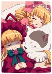  blonde_hair bow cat closed_eyes dress drill_hair eyes_closed flower hair_bow highres hina_ichigo long_hair lying on_back rose rozen_maiden shaded_face shinku sleeping smile twintails 