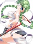  bandage bandages blue_eyes blush braid breasts dual_wielding embarrassed eyepatch fingerless_gloves gloves green_hair highres large_breasts long_hair looking_at_viewer midriff moneti_(daifuku) open_mouth original solo tears tonfa twin_braids weapon 
