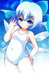  blue_eyes blue_hair bow cirno hair_bow ice ice_wings one-piece_swimsuit school_swimsuit short_hair smile solo swimsuit takamoto_akisa touhou white_school_swimsuit wings 