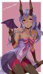  bare_shoulders black_gloves black_legwear blush bow brown_eyes character_request clothed_navel dark_skin demon_girl demon_horns flat_chest gloves horns lips long_hair nail_polish netlk pantyhose pointy_ears purple_hair smirk solo tail thighband unlight wings 
