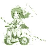 :d blush bow cape child hair_bow kazetto lowres monochrome open_mouth payot ponytail puffy_sleeves radiation_symbol reiuji_utsuho riding short_hair sketch skirt smile solo third_eye touhou tricycle wings young 