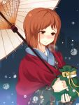  bag blush breath brown_eyes brown_hair hagiwara_yukiho idolmaster japanese_clothes nira_(vira) oriental_umbrella short_hair smile snow solo umbrella 