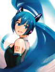  blue_eyes blue_hair detached_sleeves hand_on_own_chest hatsune_miku headphones highres kky long_hair looking_back necktie open_mouth solo twintails very_long_hair vocaloid 