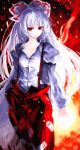  bow fire fujiwara_no_mokou hair_bow highres hime_cut iseki_(kuroshura_no_tabiji) long_hair red_eyes silver_hair solo suspenders touhou very_long_hair 