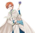  belt blue_eyes cape fire_emblem fire_emblem:_souen_no_kiseki hazuki_(nyorosuke) orange_hair rhys robe sash short_hair simple_background solo staff 