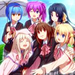  black_hair blonde_hair blue_eyes blue_hair brown_eyes brown_hair cape fang hat highres hug kamikita_komari kikuma525 kurugaya_yuiko little_busters!! long_hair multiple_girls natsume_rin nishizono_mio noumi_kudryavka ponytail purple_eyes purple_hair red_eyes saigusa_haruka school_uniform short_hair side_ponytail twintails umbrella v violet_eyes 