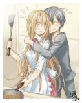  &gt;_&lt; 1girl apron artist_name asuna_(sao) black_hair brown_eyes brown_hair closed_eyes couple dated eyes_closed frying_pan hug hug_from_behind kirito long_hair short_hair signature spatula surprised sword_art_online umi111 yuuki_asuna 