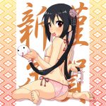 ass barefoot bikini black_hair blush brown_eyes butt_crack feet flat_chest hair_ornament highres k-on! k10k long_hair looking_at_viewer looking_back mouth_hold nakano_azusa side-tie_bikini sitting soles solo swimsuit toes twintails very_long_hair wariza 